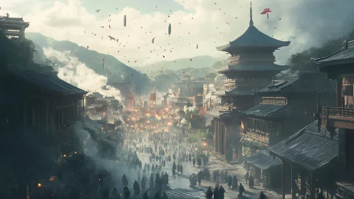 Crowded ancient Asian city street under smoky sky.