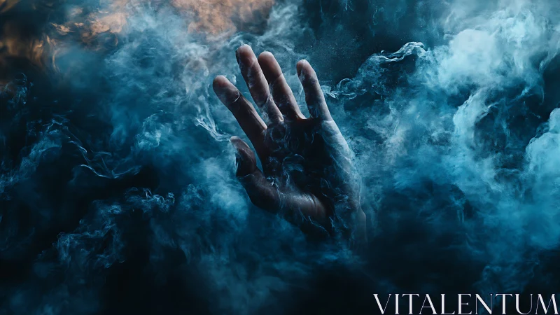 Human hand emerging through dense blue and white vapor.