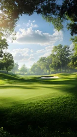 Sunlit golf course fairway with sand bunker and trees.
