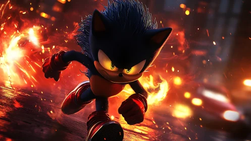 Blue speedster charges through blazing neon city streets