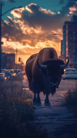 Solitary bison standing on urban sidewalk at sunset.