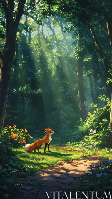 Fox stands on forest path beneath directional sunlight rays