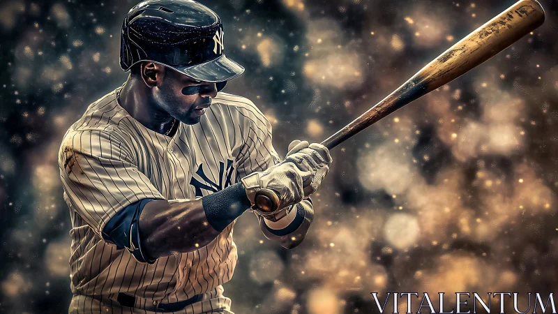 Right-handed baseball batter in pinstripes mid-swing, bokeh haze