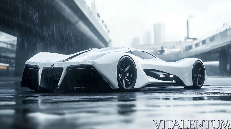 Futuristic hypercar glides through rainy urban overpass scene.