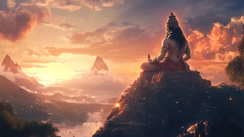 Mountain-top deity silhouette at sunset above cloud valley