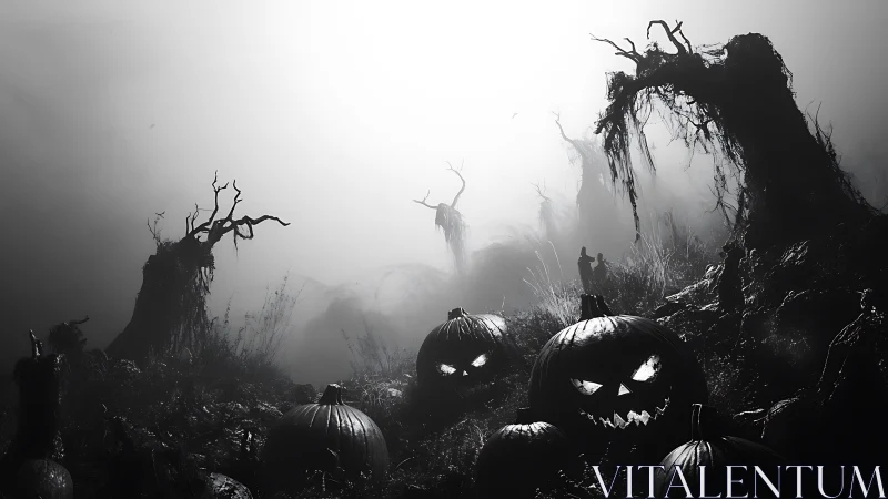 Foggy pumpkin haunt where crooked trees quietly conspire.