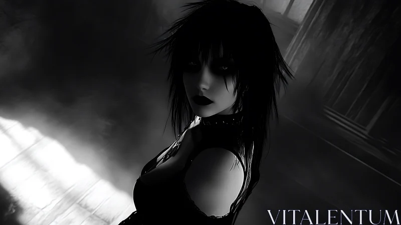 Moody gothic girl standing in shadow and silver light.