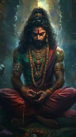 Seated robed figure with jewelry holds object in dim interior