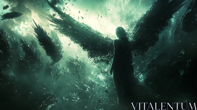 Winged humanoid figure stands amid fragmented dark feathers