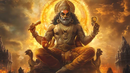 Divine warrior deity seated in glowing fiery aura.