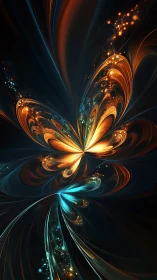 Fractal butterfly blooms in luminous teal and amber arcs.