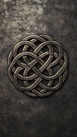 Interlaced bronze Celtic knot medallion on textured wall