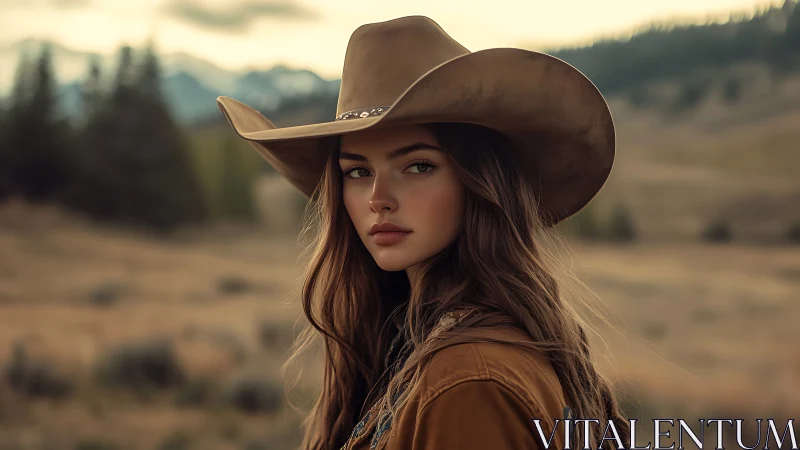 Woman in cowboy hat in soft-focus rural landscape portrait.