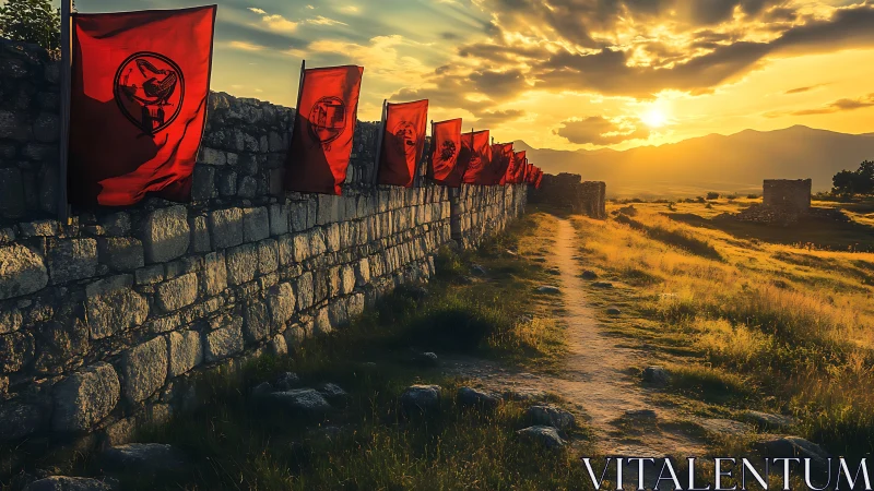 Stone fortress wall lined with red flags at sunset.