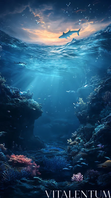 Shark silhouette above tranquil digital coral seascape.