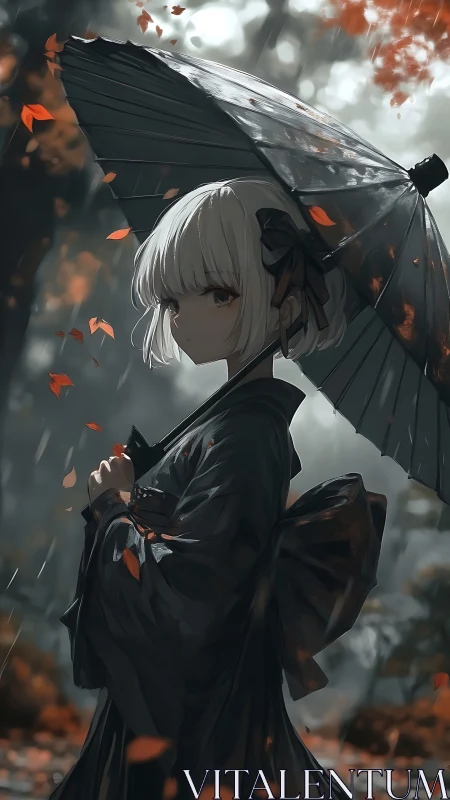 Autumn hush around a pale girl beneath a shadowed parasol.