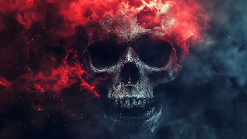 Human skull centered in dense red and blue digital smoke.