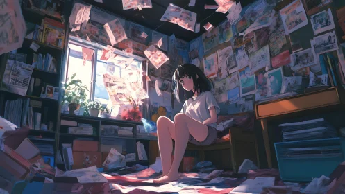 Girl in cluttered bedroom with floating papers and window light.