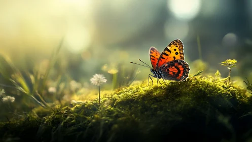 Sunlit moss becomes a tiny stage for one patient butterfly