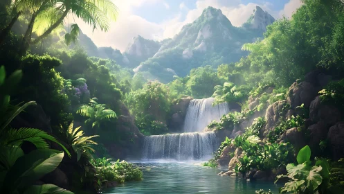 Sunlit jungle waterfall pool under misty emerald peaks.