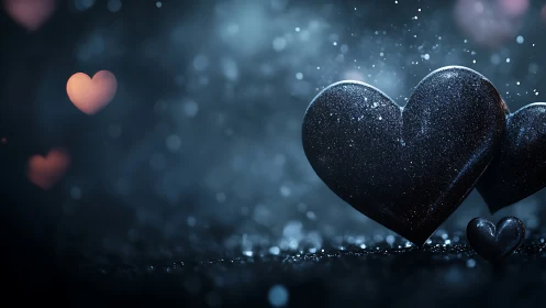 Dark hearts with luminous accents against soft bokeh background.