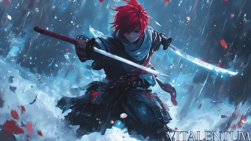 Red-haired stormblade carves light through the frozen downpour