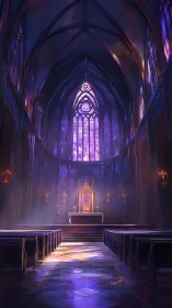 Luminous gothic cathedral interior glows in ethereal violet light.
