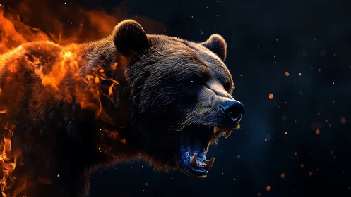Photorealistic flaming bear profile with dramatic contrast lighting.