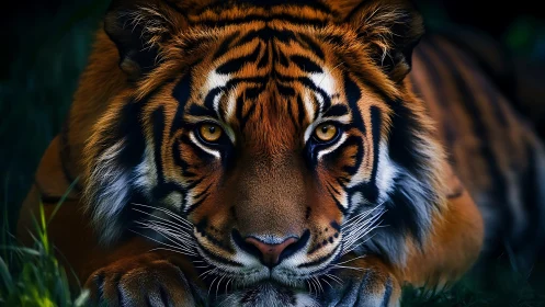 Low-key frontal portrait of crouching tiger in dense foliage