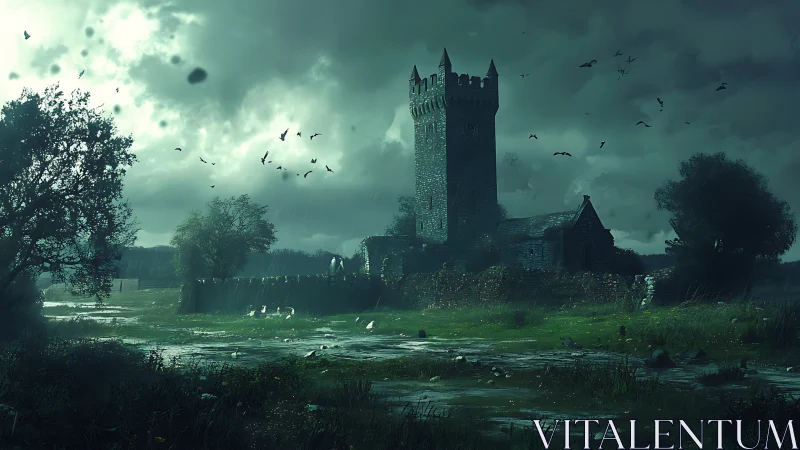 Stormy marshland with lone stone watchtower at dusk.