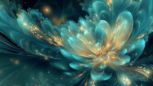 Fractal teal and gold abstract floral energy composition.