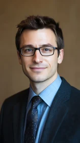 Professional headshot of young man in suit and glasses.