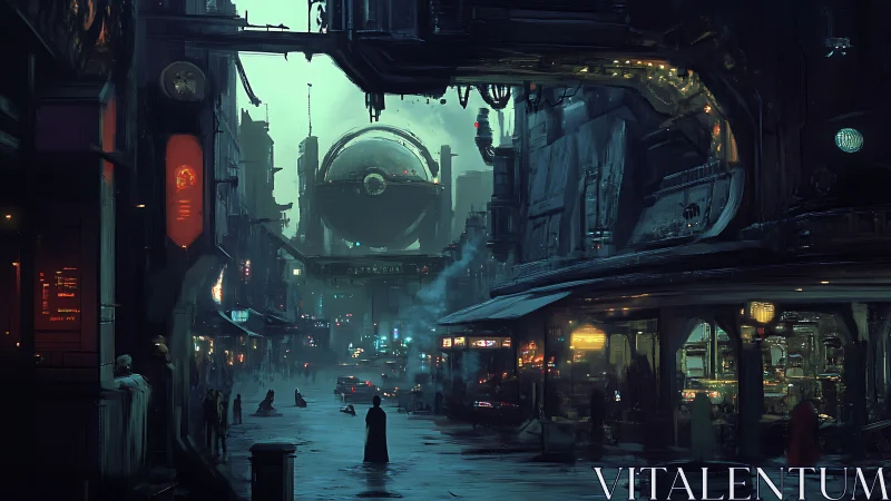 Cyberpunk transit concourse with levitating spherical shuttle.