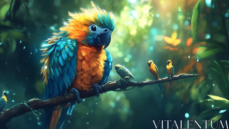 Vibrant Parrots on Branch in Lush Forest, Digital Art Style.