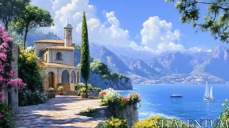 Coastal villa terrace overlooking bay and distant mountains.