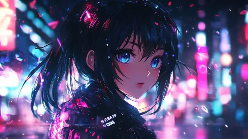 Neon city stroll with reflective eyed anime heroine at night.