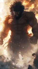 Burning berserker titan strides through explosive inferno.