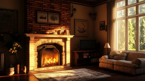 Sunlit brick fireplace living room with warm ambient lighting