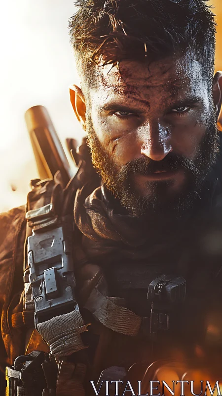 Battle-hardened soldier in tactical gear under harsh light.