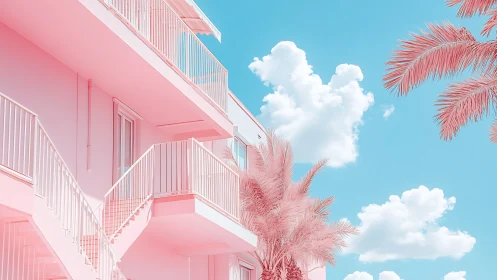 Pastel modern apartment with pink palms under blue sky.