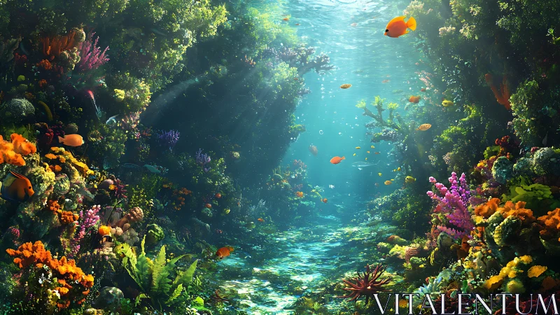 Sunlit coral reef corridor displays dense marine biodiversity