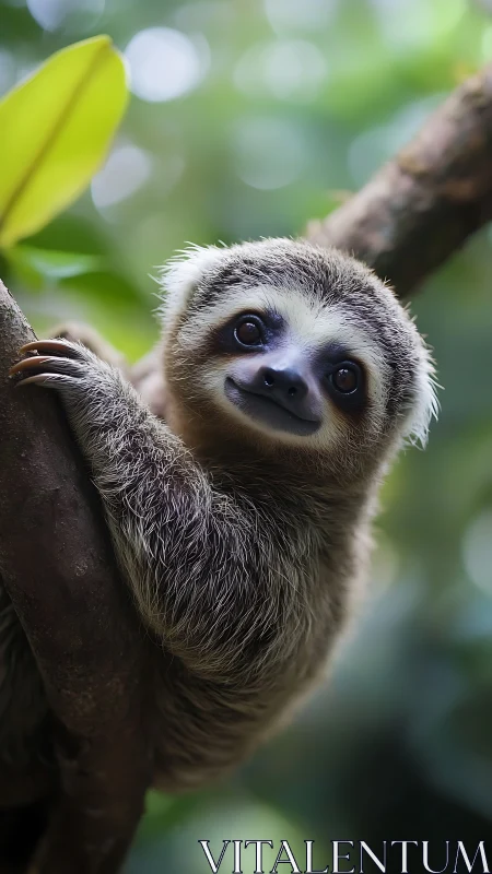 High-resolution juvenile sloth portrait on rainforest branch.