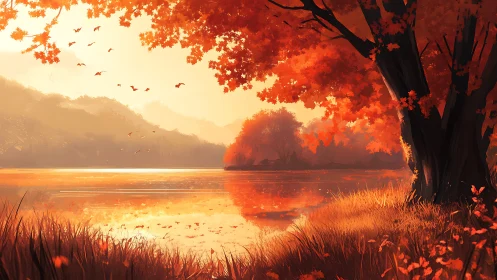 Autumn lakeside landscape uses warm color grading and layered depth