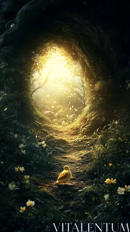 Small bird on forest path beneath bright backlit opening