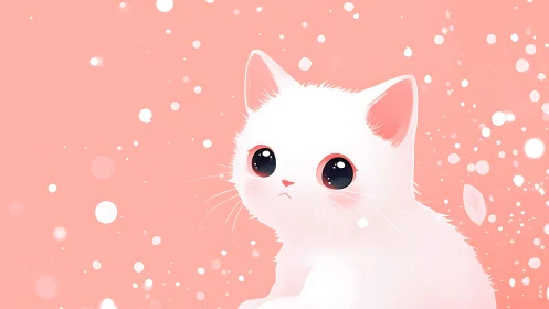 Stylized White Feline Character with Oversized Expressive Eyes Against Peachy-Coral Background