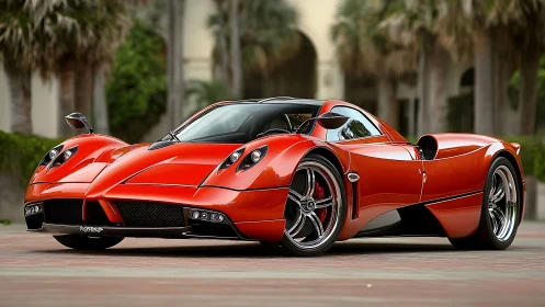 Red mid‑engine sports car parked on palm-lined street.