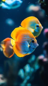 Orange and blue tropical fish in clear underwater scene.