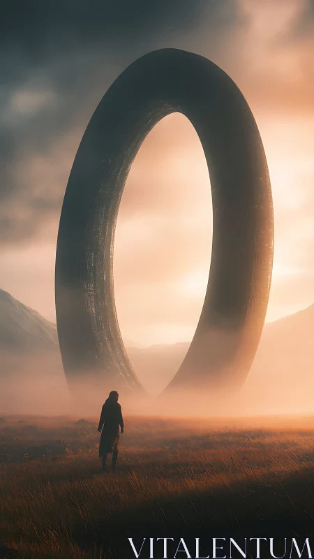 Quiet wanderer greets a colossal ring at sunrise in mist