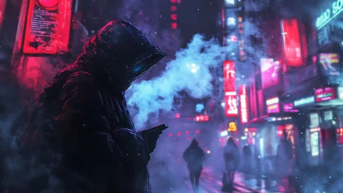 Hooded cyberpunk figure in neon fogged alley, smartphone glow