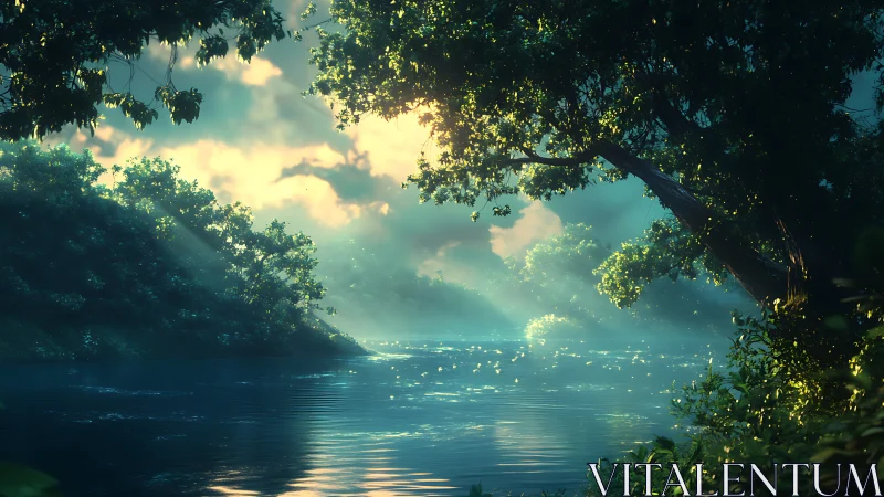 Digital painting of luminous river glade with atmospheric light.